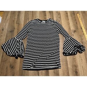 MAETTE Shirts Women Size S Black White Long Sleeve Bell Sleeve Ruffle Hem